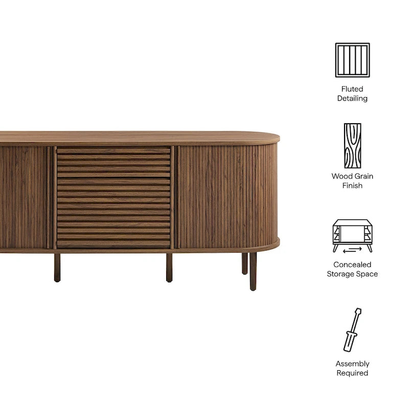Buffet ovale cannelé en noyer avec portes coulissantes – Style Mid-Century Modern