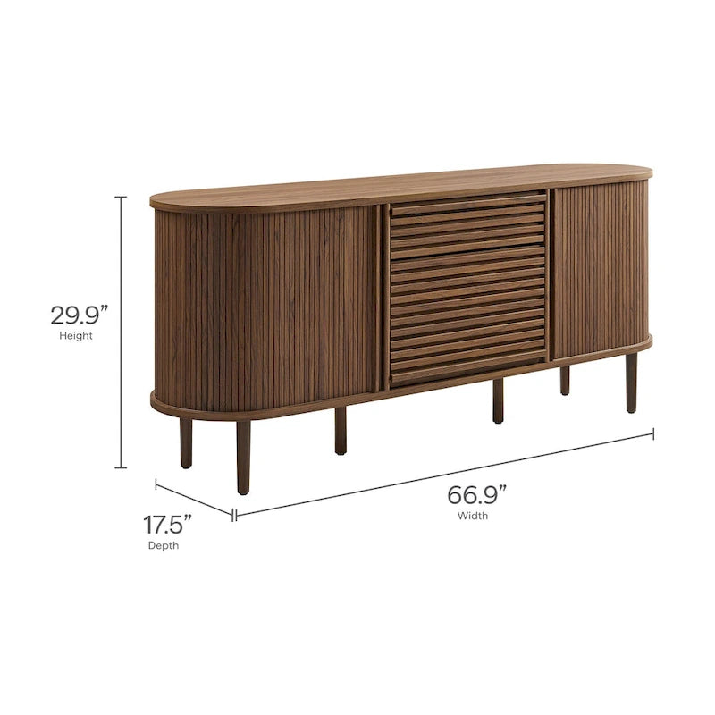 Buffet ovale cannelé en noyer avec portes coulissantes – Style Mid-Century Modern