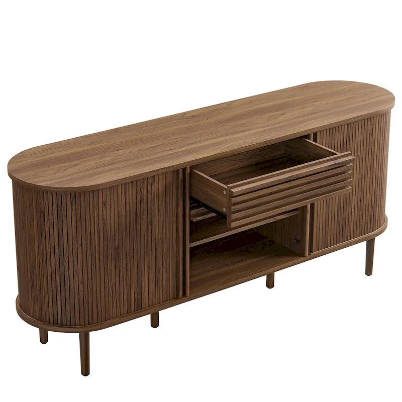 Buffet ovale cannelé en noyer avec portes coulissantes – Style Mid-Century Modern