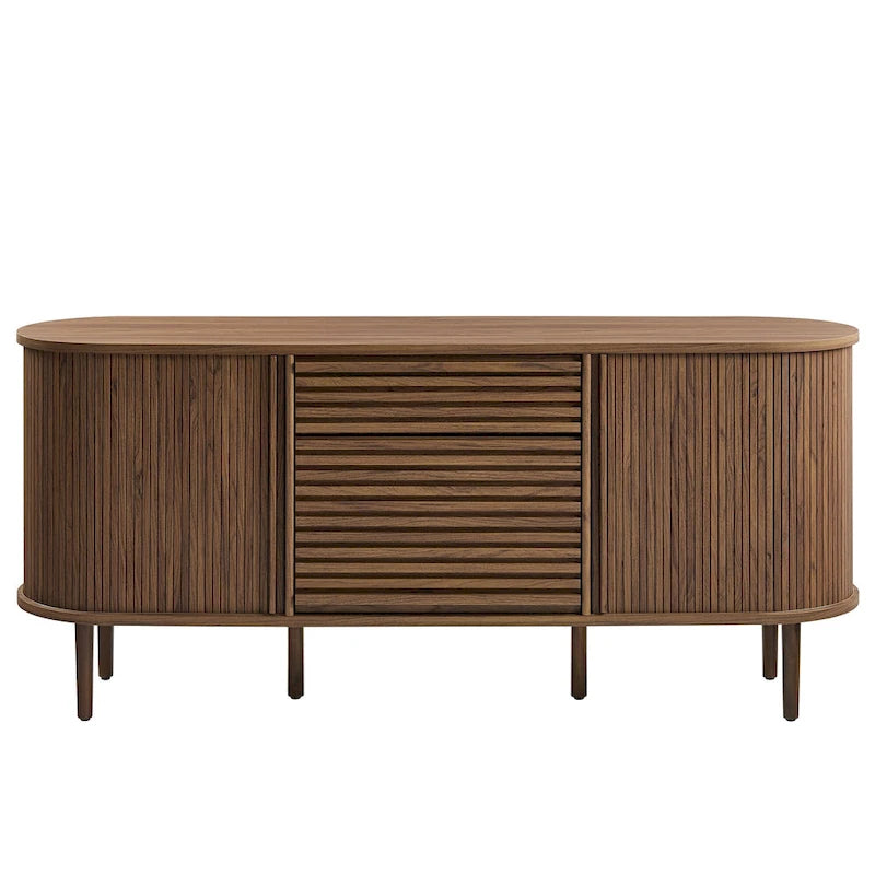 Buffet ovale cannelé en noyer avec portes coulissantes – Style Mid-Century Modern