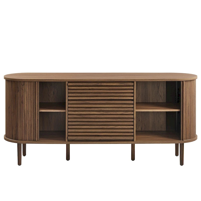 Buffet ovale cannelé en noyer avec portes coulissantes – Style Mid-Century Modern