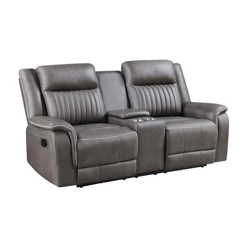 Causeuse inclinable manuelle double en polyester gris avec console centrale porte-gobelet