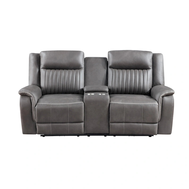 Causeuse inclinable manuelle double en polyester gris avec console centrale porte-gobelet
