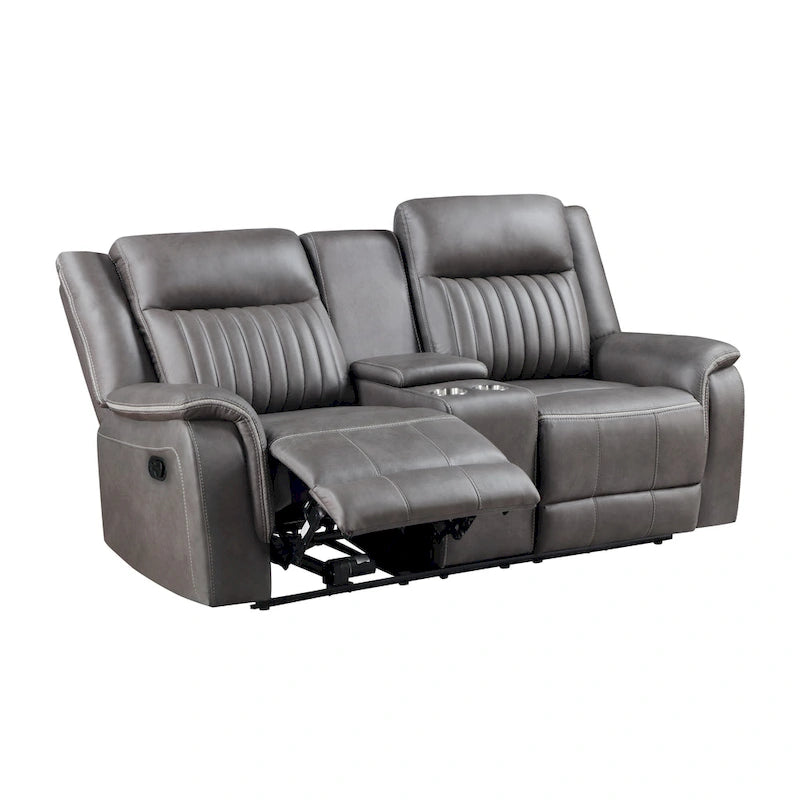 Causeuse inclinable manuelle double en polyester gris avec console centrale porte-gobelet