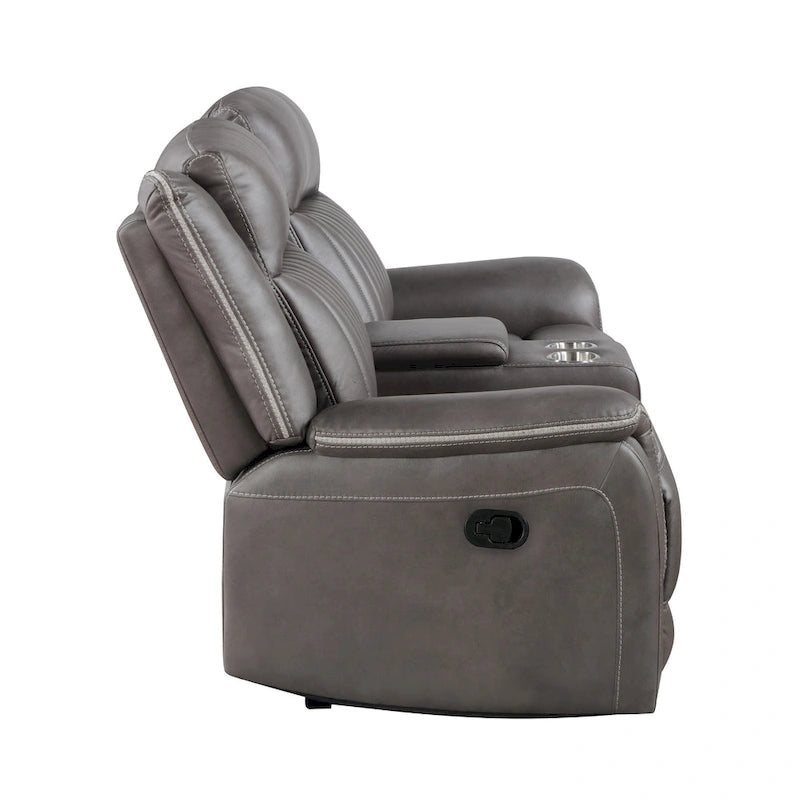 Causeuse inclinable manuelle double en polyester gris avec console centrale porte-gobelet