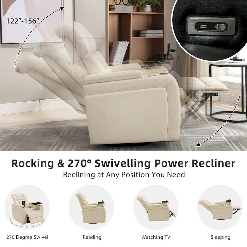 Fauteuil inclinable pivotant électrique avec plateau, porte-gobelet et port USB