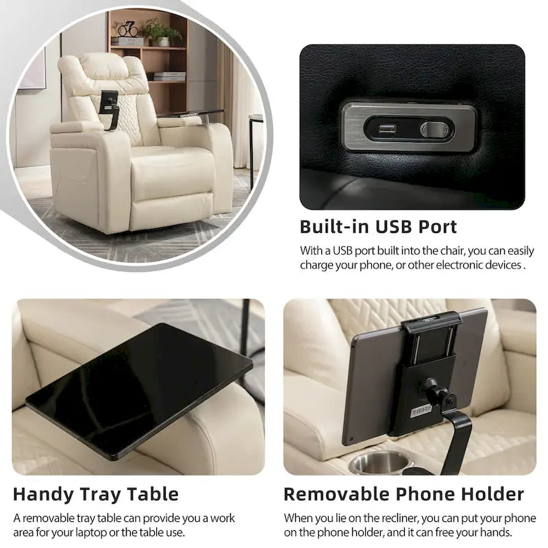 Fauteuil inclinable pivotant électrique avec plateau, porte-gobelet et port USB
