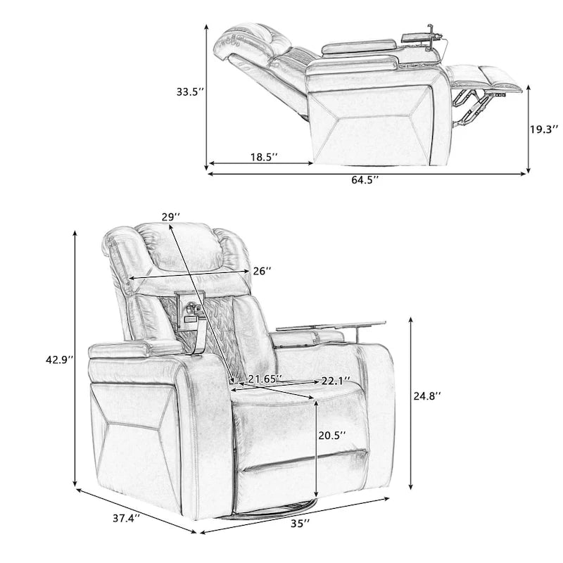 Fauteuil inclinable pivotant électrique avec plateau, porte-gobelet et port USB