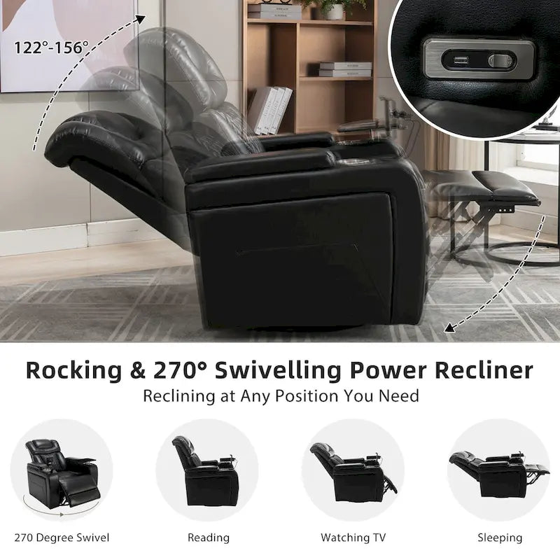 Fauteuil inclinable pivotant électrique avec plateau, porte-gobelet et port USB