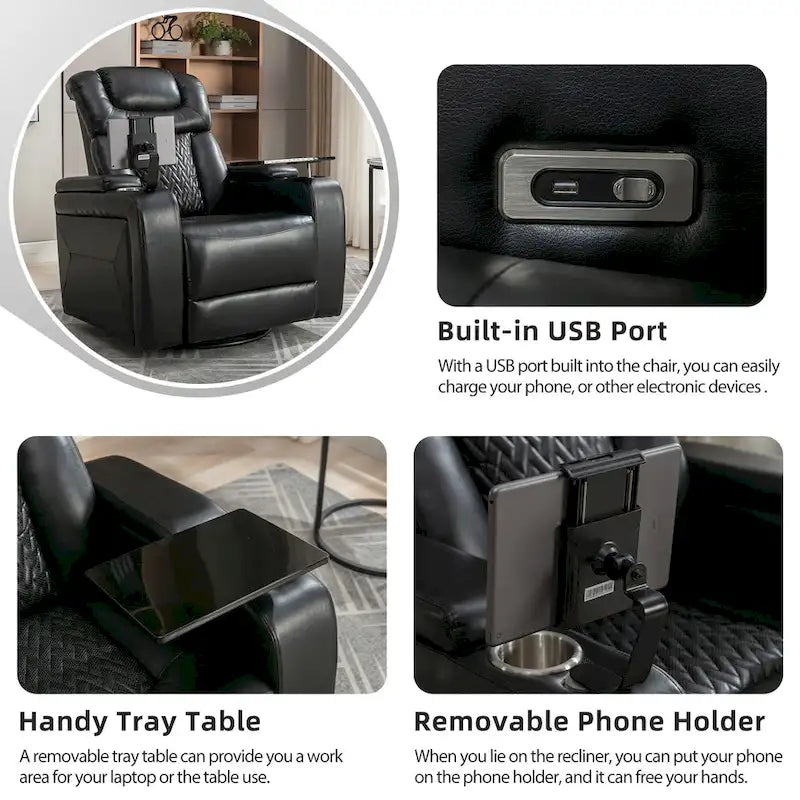 Fauteuil inclinable pivotant électrique avec plateau, porte-gobelet et port USB