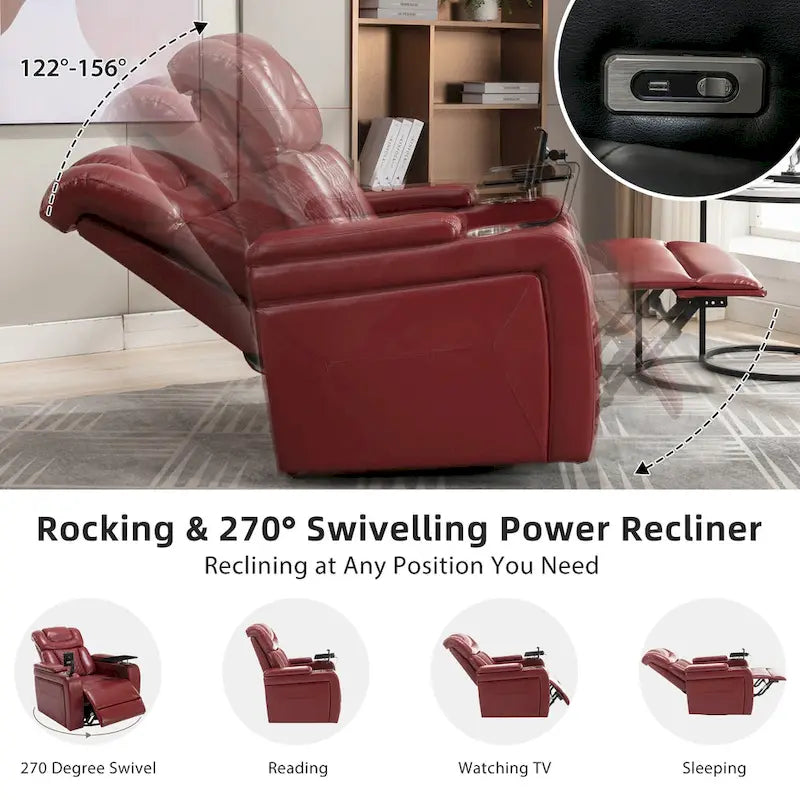 Fauteuil inclinable pivotant électrique avec plateau, porte-gobelet et port USB