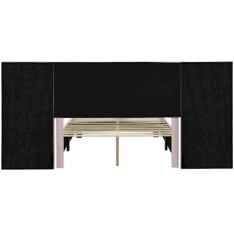 Lit plate-forme capitonné en velours rose avec tête de lit capitonnée surdimensionnée à chevrons et étagères latérales