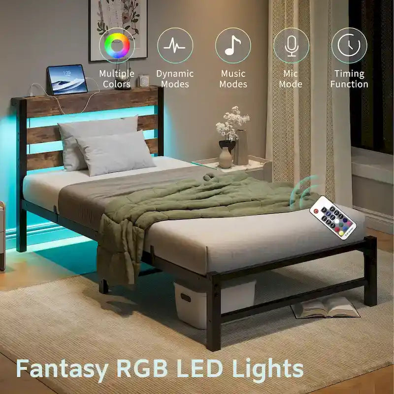Cadre de lit double en métal avec tête de lit en bois, lumières RVB et chargeur USB, beige marron