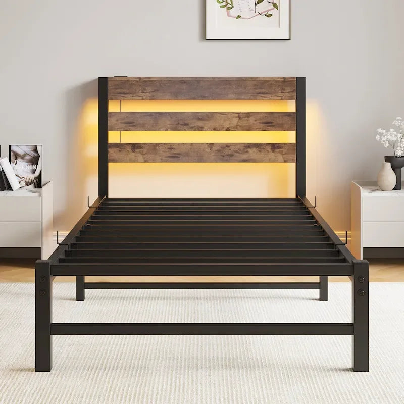 Cadre de lit double en métal avec tête de lit en bois, lumières RVB et chargeur USB, beige marron