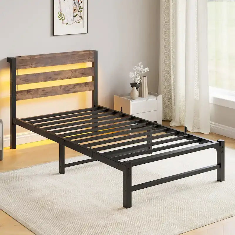 Cadre de lit double en métal avec tête de lit en bois, lumières RVB et chargeur USB, beige marron