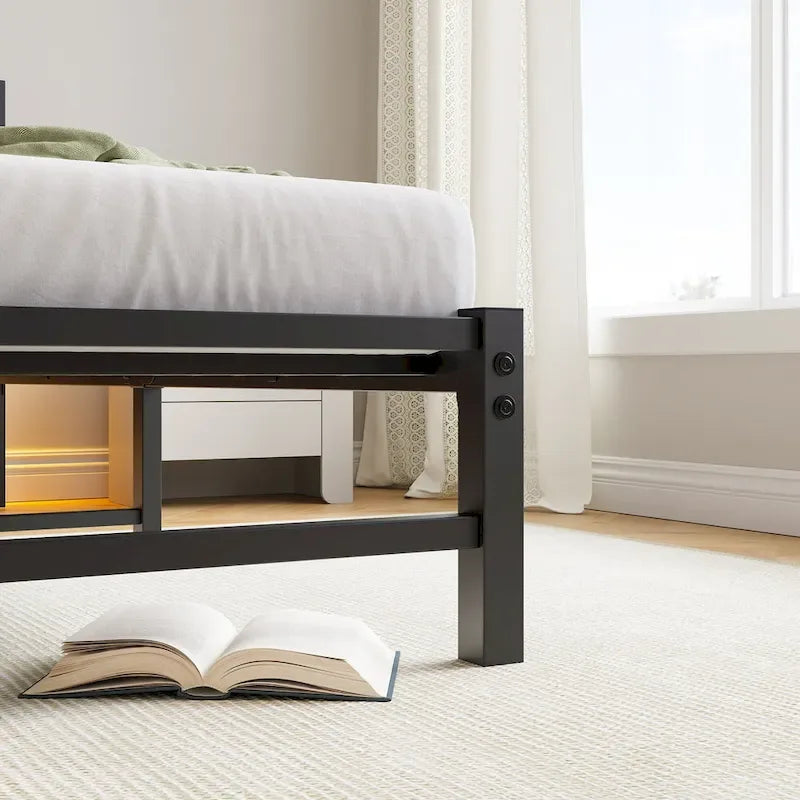Cadre de lit double en métal avec tête de lit en bois, lumières RVB et chargeur USB, beige marron