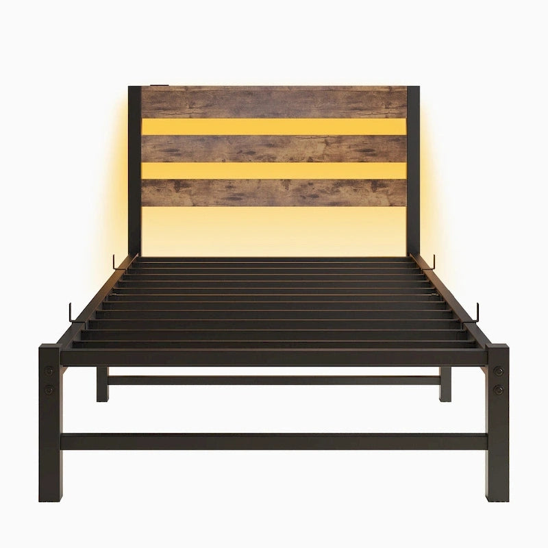 Cadre de lit double en métal avec tête de lit en bois, lumières RVB et chargeur USB, beige marron