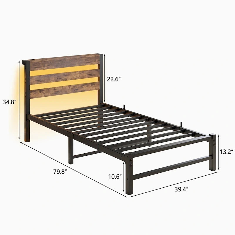 Cadre de lit double en métal avec tête de lit en bois, lumières RVB et chargeur USB, beige marron