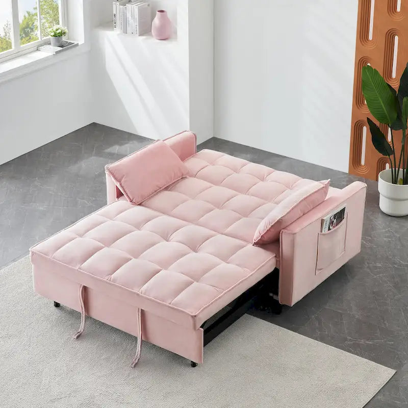 Canapé-Lit Convertible Deux Places en Velours Rose avec Dossier Capitonnée et Coussins Décoratifs