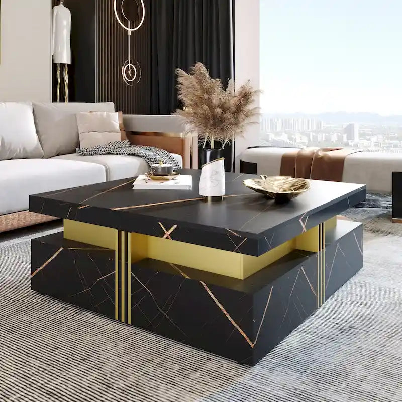 Table basse carrée en MDF noir et or avec 4 tiroirs pour salon moderne