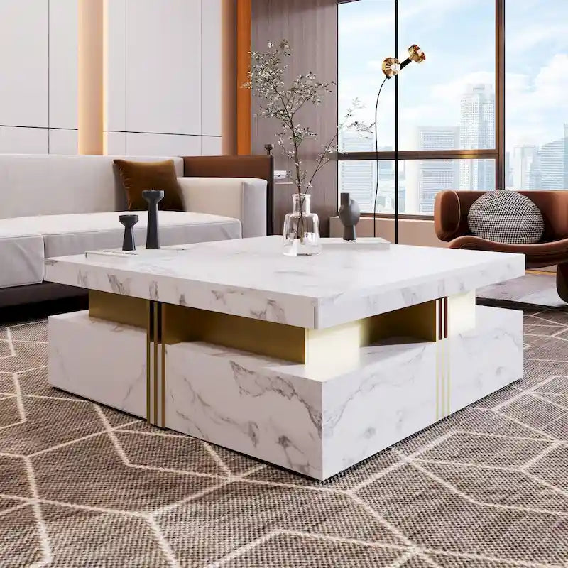 Table basse carrée en MDF noir et or avec 4 tiroirs pour salon moderne