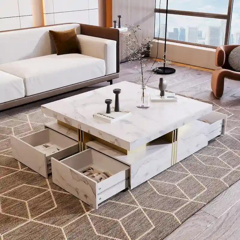 Table basse carrée en MDF noir et or avec 4 tiroirs pour salon moderne