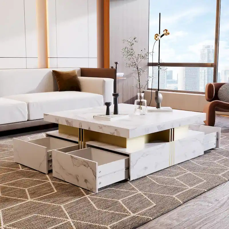 Table basse carrée en MDF noir et or avec 4 tiroirs pour salon moderne