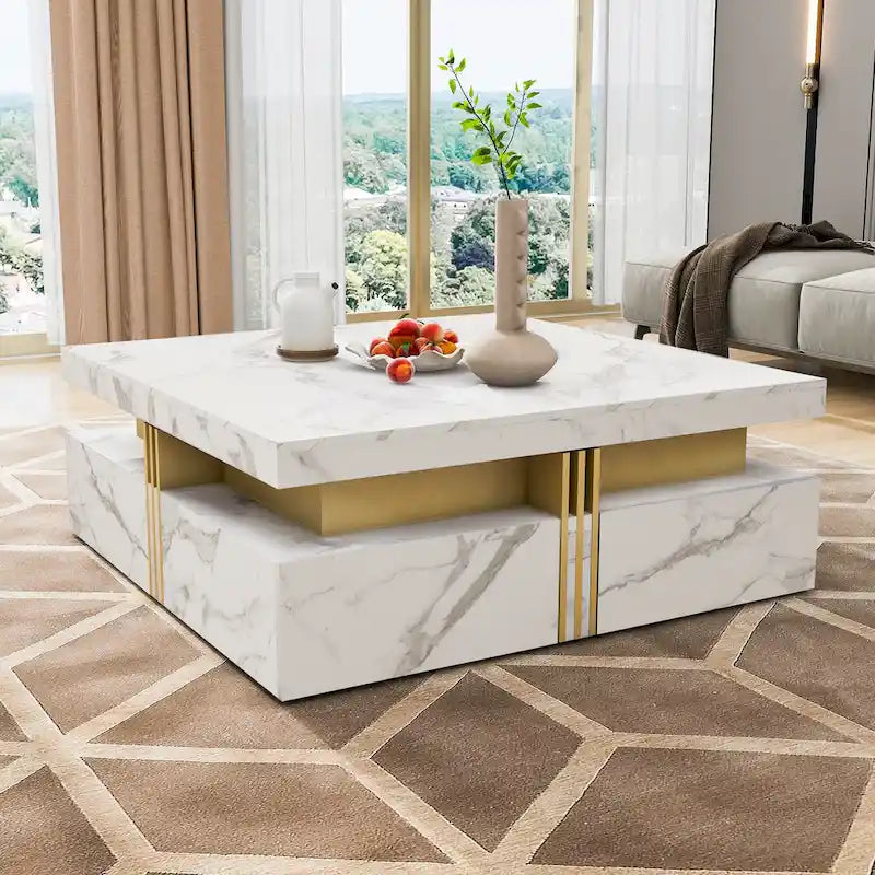 Table basse carrée en MDF noir et or avec 4 tiroirs pour salon moderne