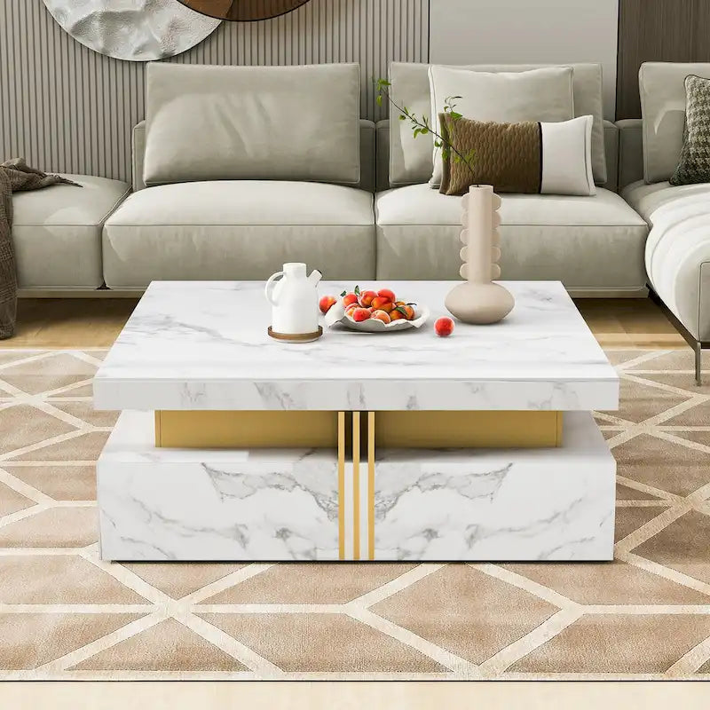 Table basse carrée en MDF noir et or avec 4 tiroirs pour salon moderne