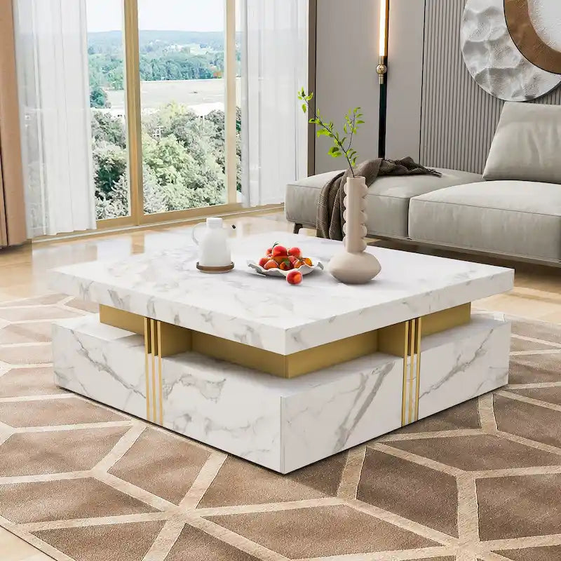 Table basse carrée en MDF noir et or avec 4 tiroirs pour salon moderne