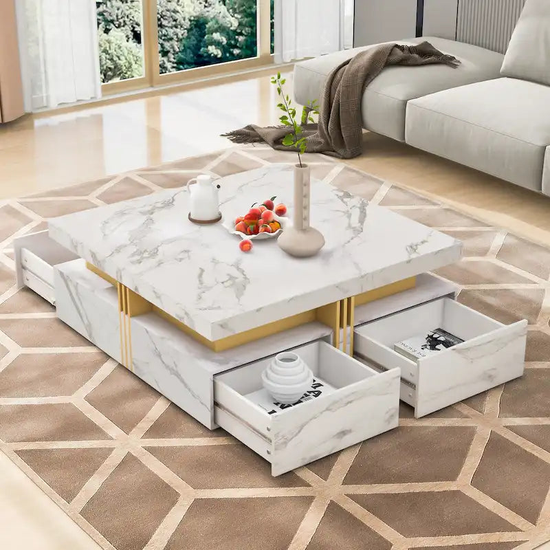 Table basse carrée en MDF noir et or avec 4 tiroirs pour salon moderne