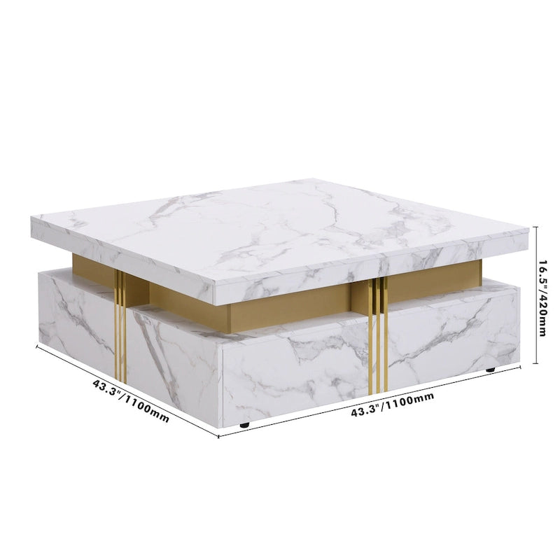 Table basse carrée en MDF noir et or avec 4 tiroirs pour salon moderne