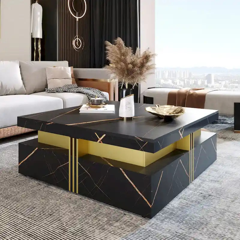Table basse carrée en MDF noir et or avec 4 tiroirs pour salon moderne