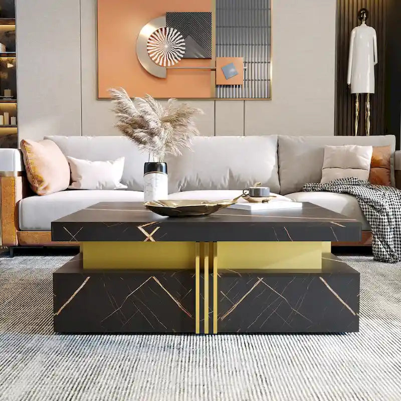 Table basse carrée en MDF noir et or avec 4 tiroirs pour salon moderne