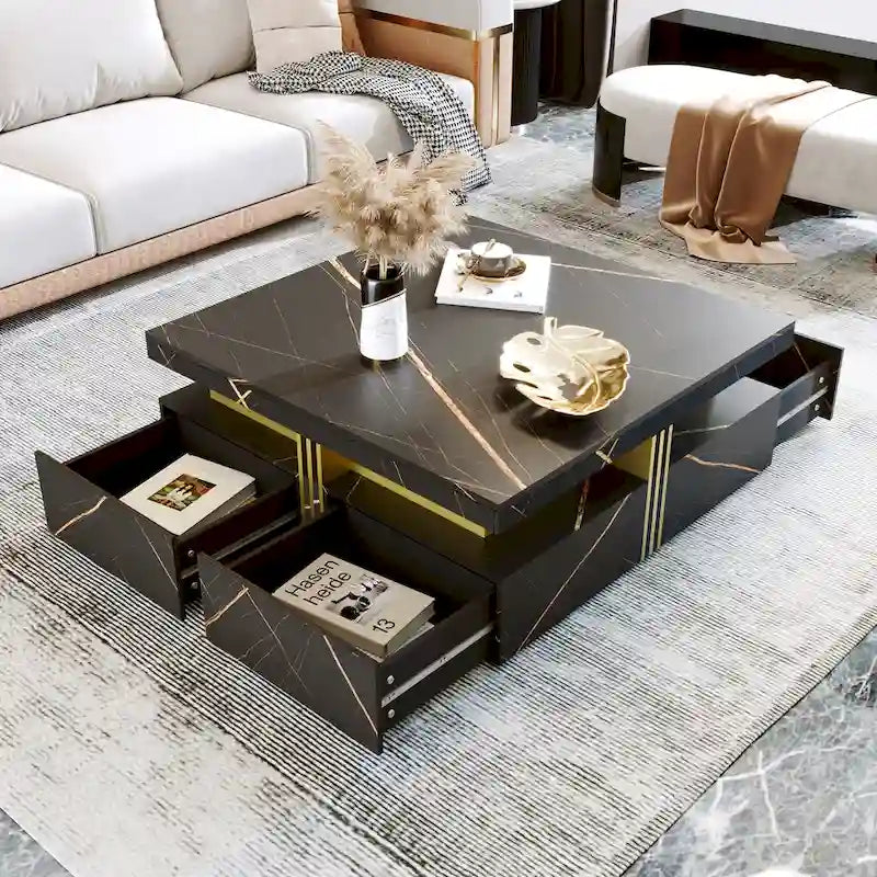 Table basse carrée en MDF noir et or avec 4 tiroirs pour salon moderne