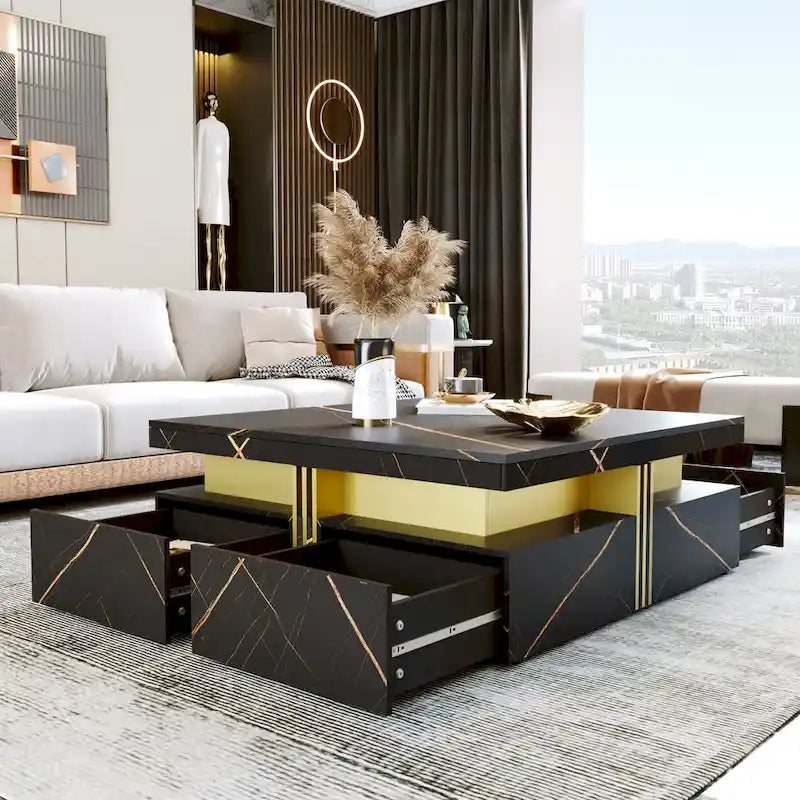 Table basse carrée en MDF noir et or avec 4 tiroirs pour salon moderne
