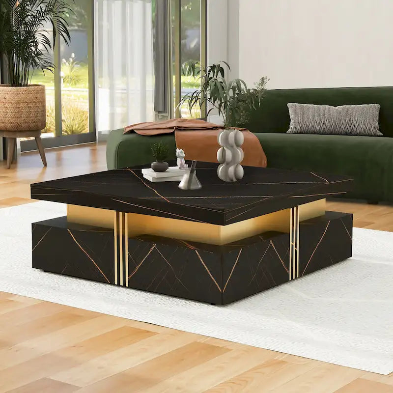 Table basse carrée en MDF noir et or avec 4 tiroirs pour salon moderne