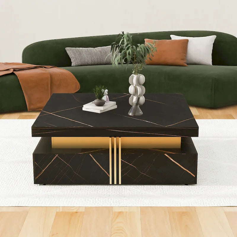 Table basse carrée en MDF noir et or avec 4 tiroirs pour salon moderne