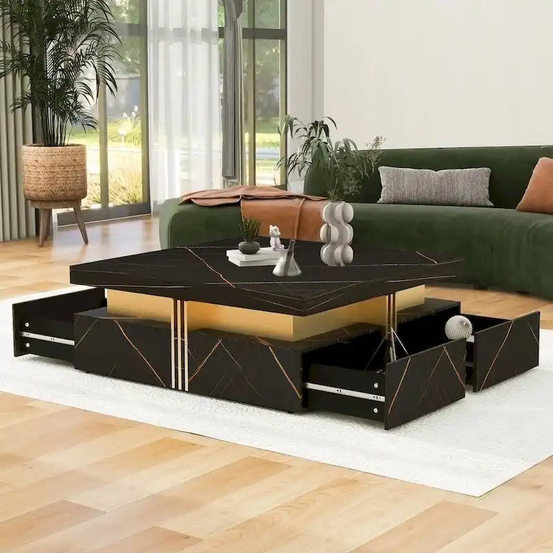 Table basse carrée en MDF noir et or avec 4 tiroirs pour salon moderne