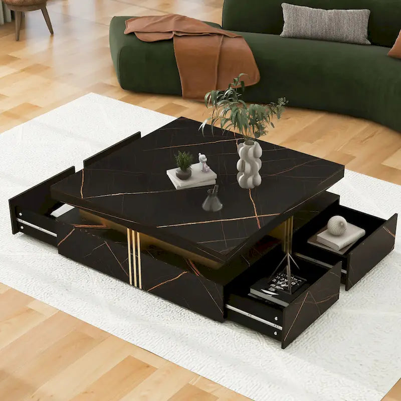 Table basse carrée en MDF noir et or avec 4 tiroirs pour salon moderne