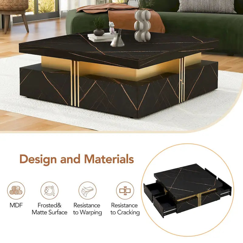 Table basse carrée en MDF noir et or avec 4 tiroirs pour salon moderne