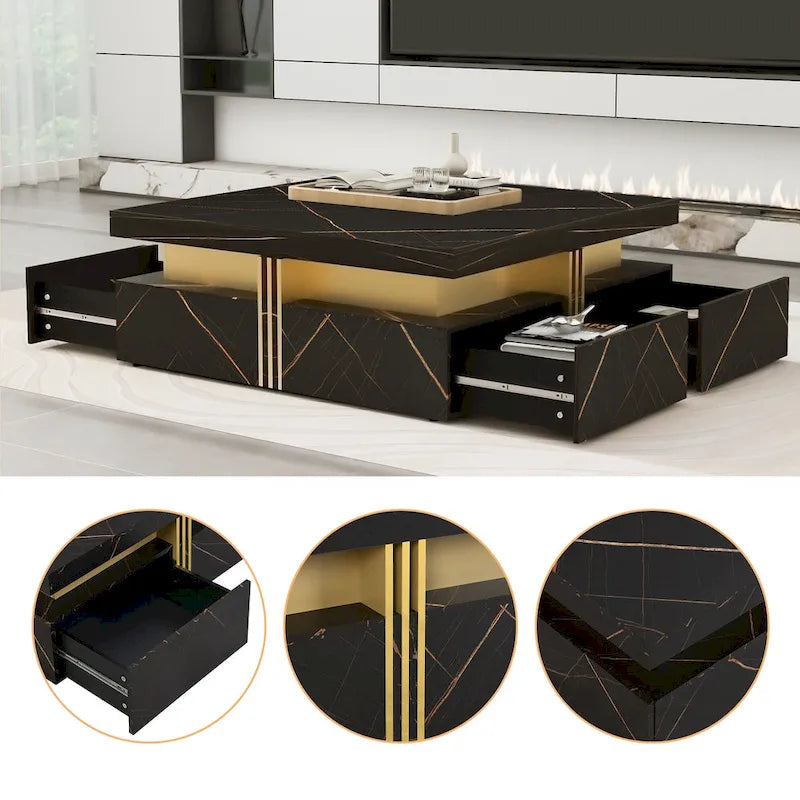 Table basse carrée en MDF noir et or avec 4 tiroirs pour salon moderne