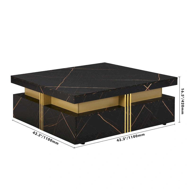 Table basse carrée en MDF noir et or avec 4 tiroirs pour salon moderne