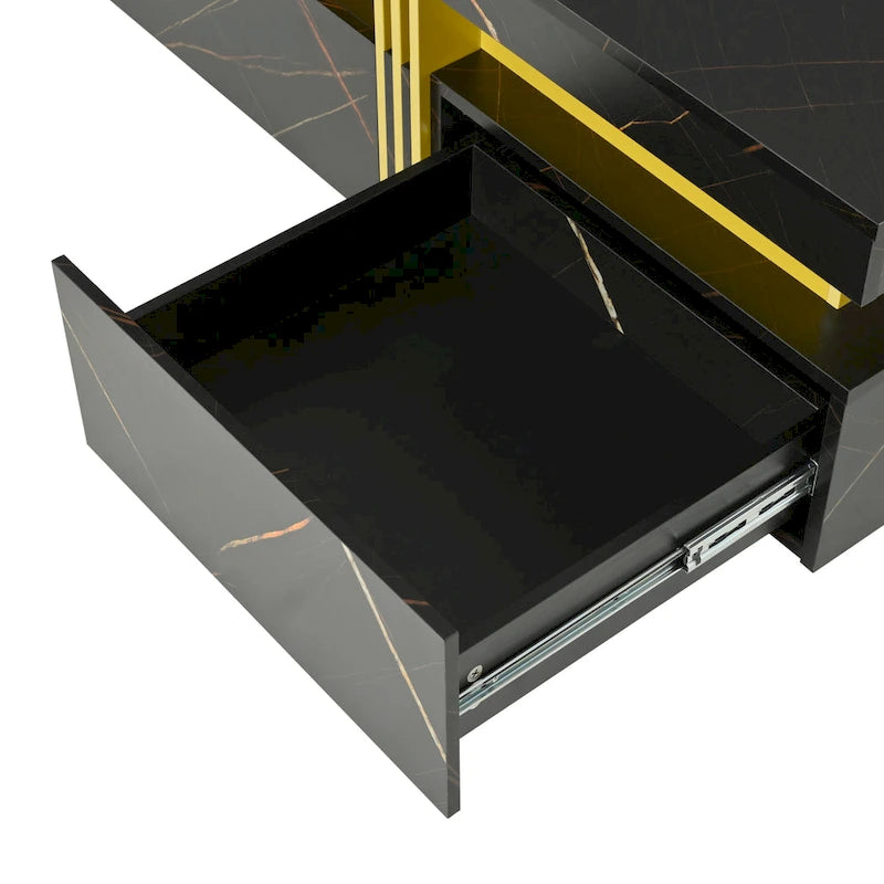 Table basse carrée en MDF noir et or avec 4 tiroirs pour salon moderne