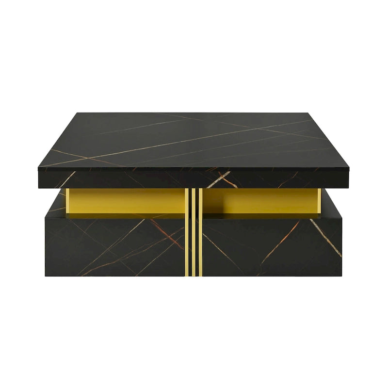Table basse carrée en MDF noir et or avec 4 tiroirs pour salon moderne