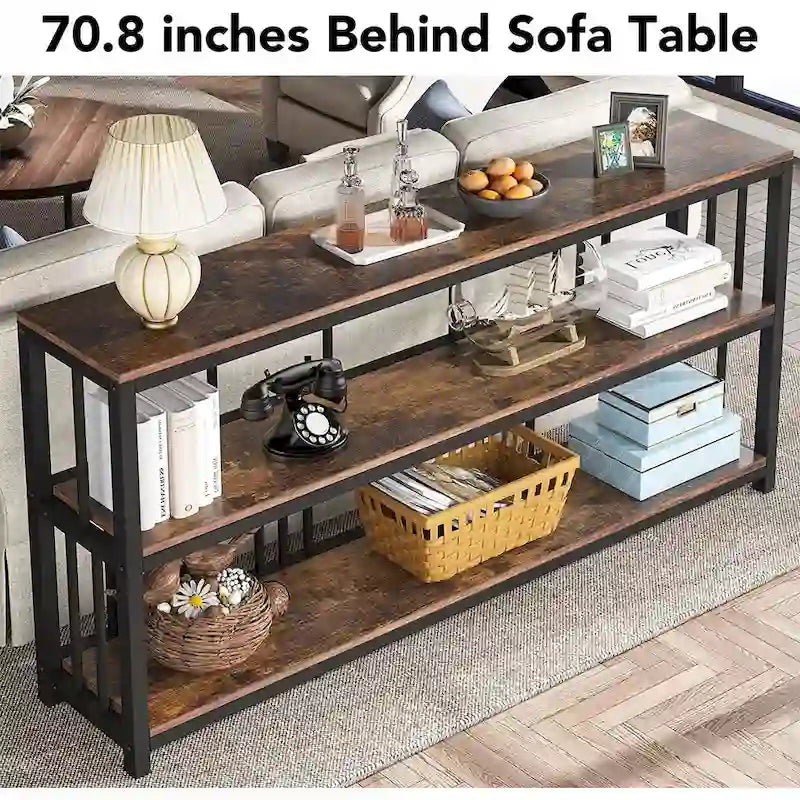 Console de canapé industrielle à 3 niveaux, longue table d'appoint pour entrée/couloir, marron
