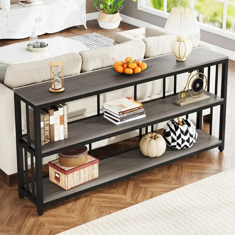 Console de canapé industrielle à 3 niveaux, longue table d'appoint pour entrée/couloir, marron