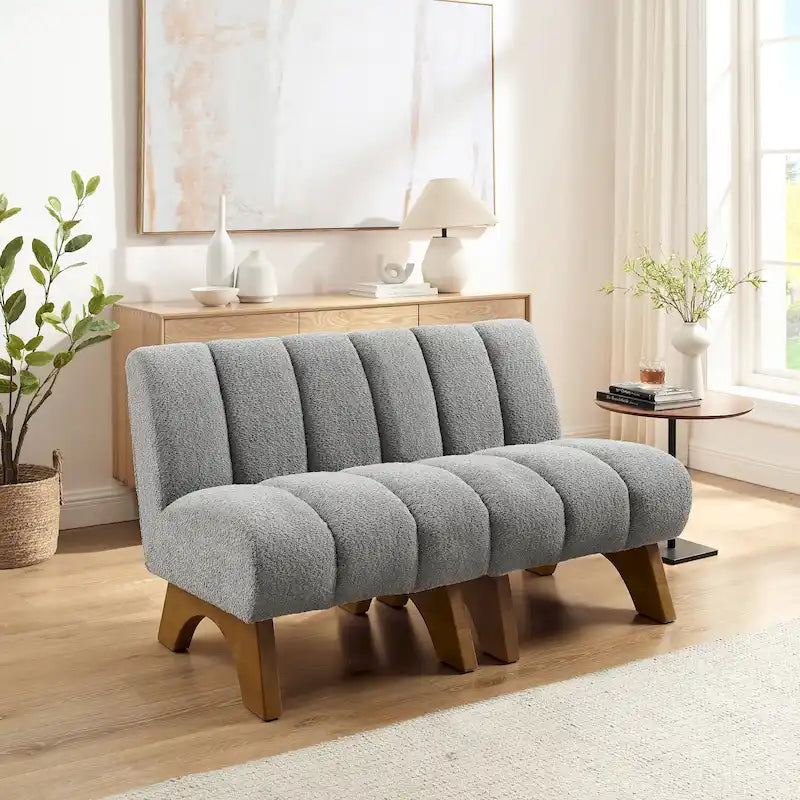 Causeuse moderne sans accoudoirs en tissu bouclé avec pieds en bois