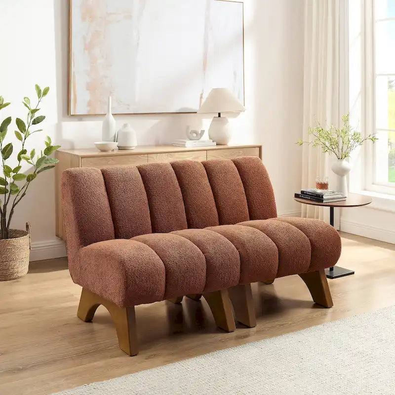 Causeuse moderne sans accoudoirs en tissu bouclé avec pieds en bois