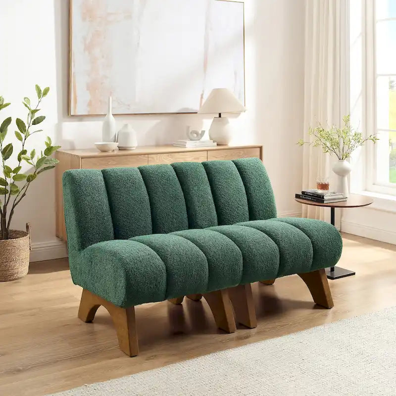 Causeuse moderne sans accoudoirs en tissu bouclé avec pieds en bois